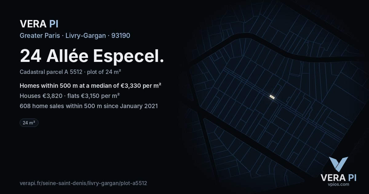 24 Allée Especel, Livry-Gargan at night – the plot lit, the parcels around coloured by the prices near them