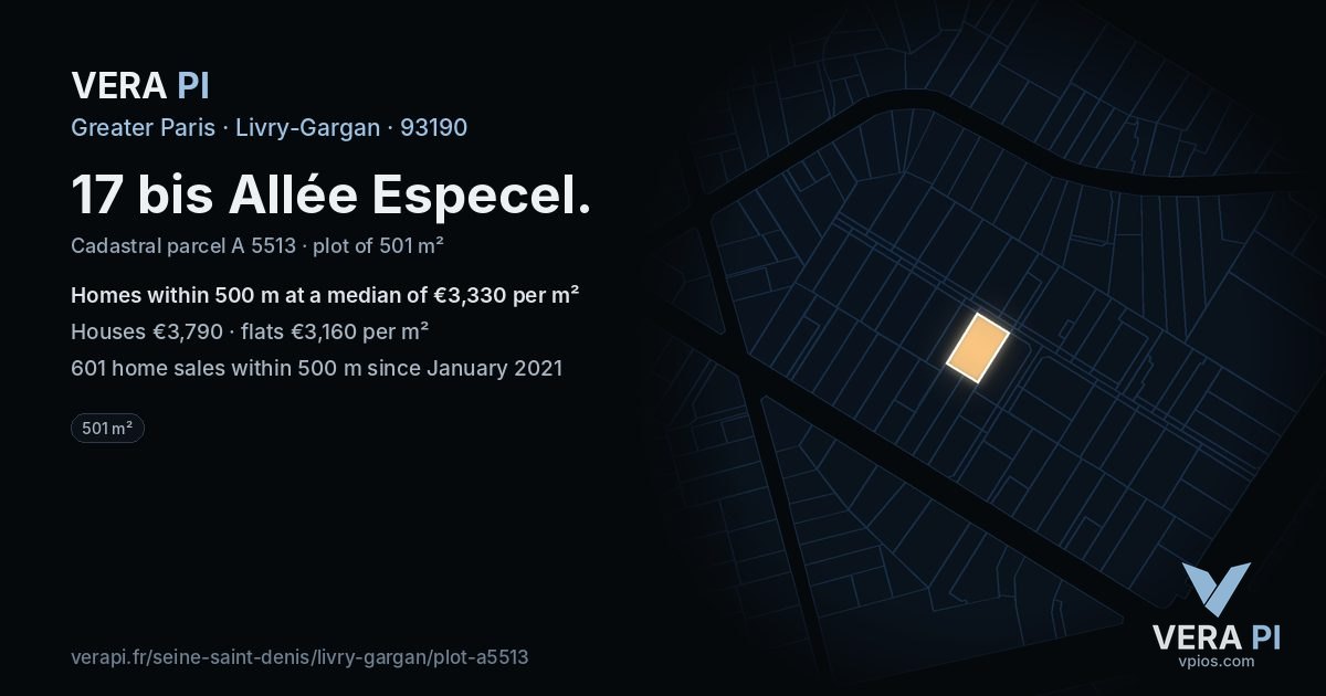 17 bis Allée Especel, Livry-Gargan at night – the plot lit, the parcels around coloured by the prices near them