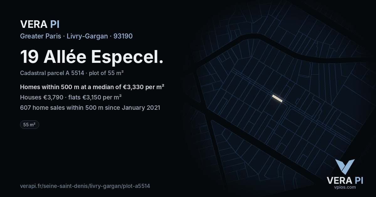 19 Allée Especel, Livry-Gargan at night – the plot lit, the parcels around coloured by the prices near them