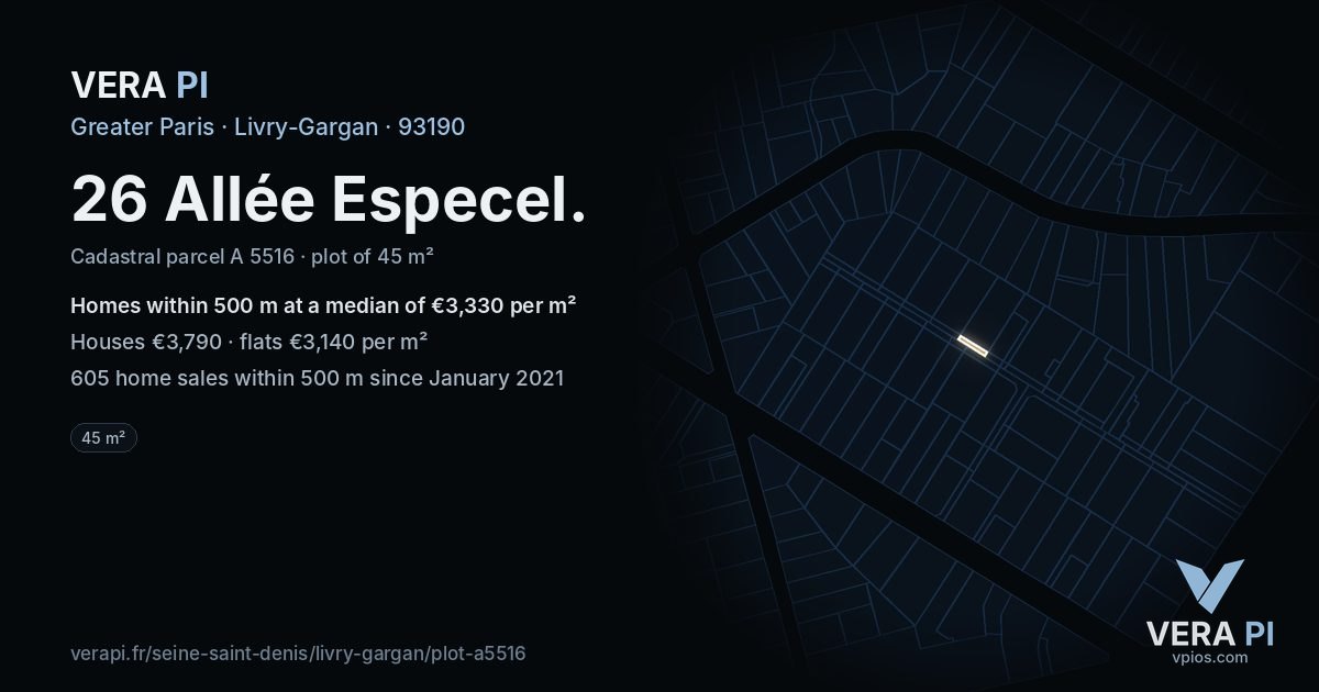 26 Allée Especel, Livry-Gargan at night – the plot lit, the parcels around coloured by the prices near them
