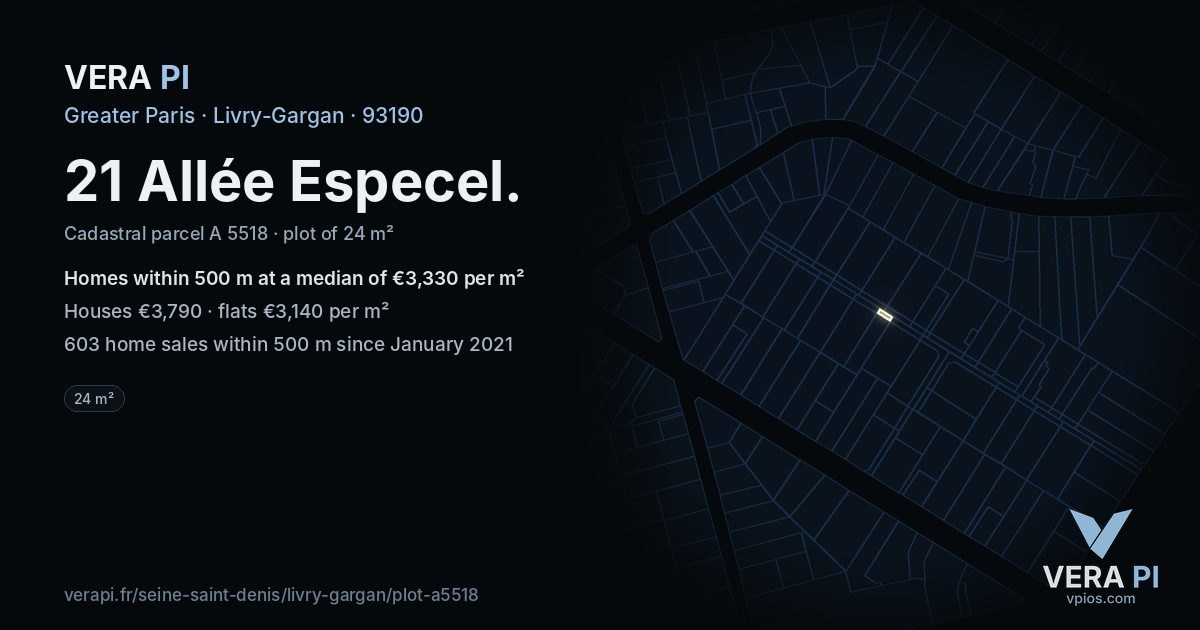 21 Allée Especel, Livry-Gargan at night – the plot lit, the parcels around coloured by the prices near them