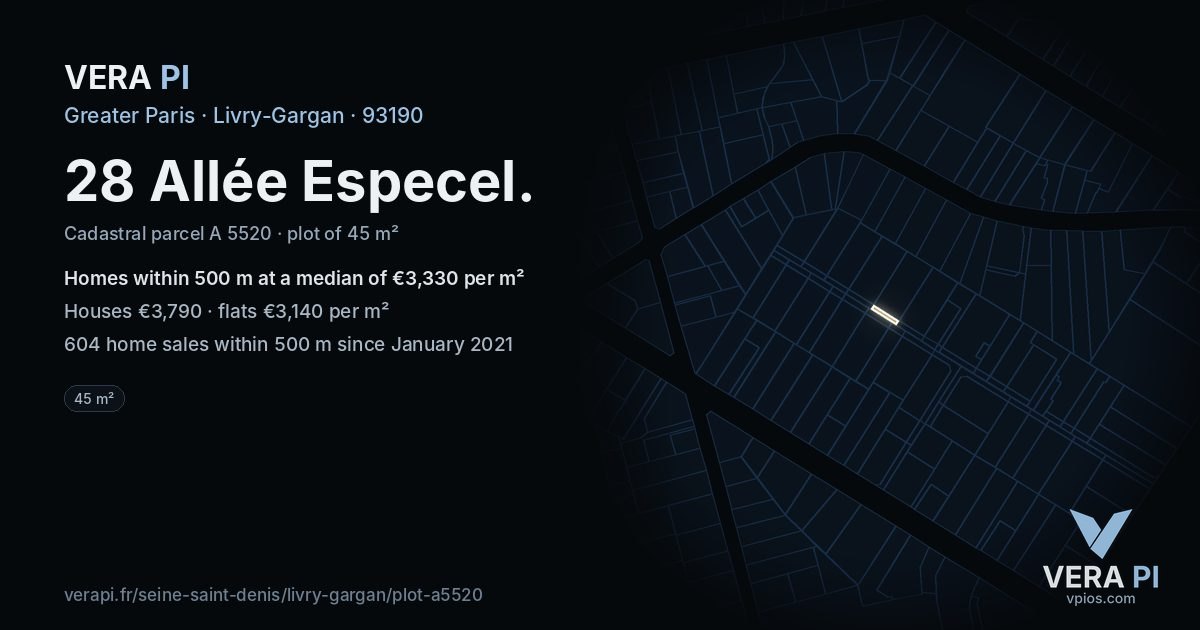 28 Allée Especel, Livry-Gargan at night – the plot lit, the parcels around coloured by the prices near them