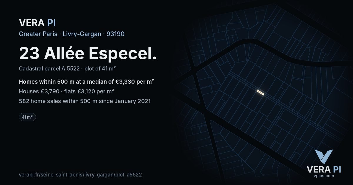 23 Allée Especel, Livry-Gargan at night – the plot lit, the parcels around coloured by the prices near them