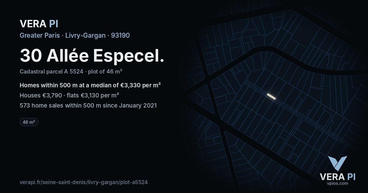 30 Allée Especel, Livry-Gargan at night – the plot lit, the parcels around coloured by the prices near them