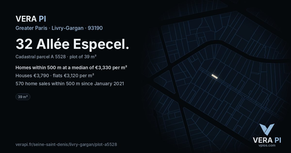 32 Allée Especel, Livry-Gargan at night – the plot lit, the parcels around coloured by the prices near them