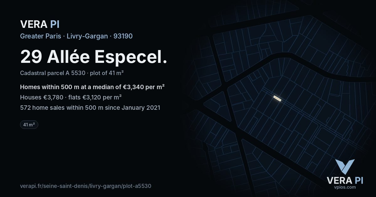 29 Allée Especel, Livry-Gargan at night – the plot lit, the parcels around coloured by the prices near them
