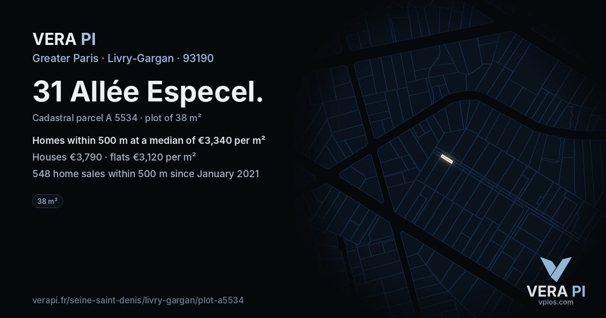 31 Allée Especel, Livry-Gargan at night – the plot lit, the parcels around coloured by the prices near them
