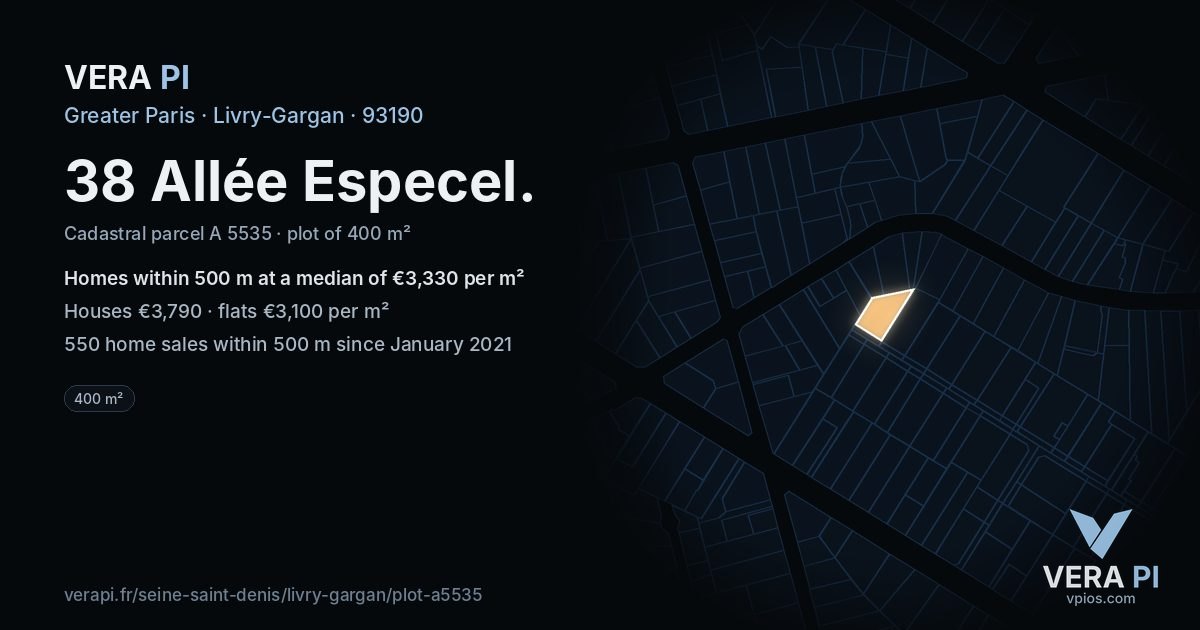 38 Allée Especel, Livry-Gargan at night – the plot lit, the parcels around coloured by the prices near them