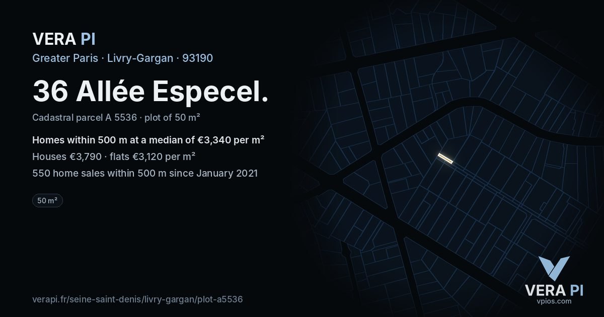 36 Allée Especel, Livry-Gargan at night – the plot lit, the parcels around coloured by the prices near them