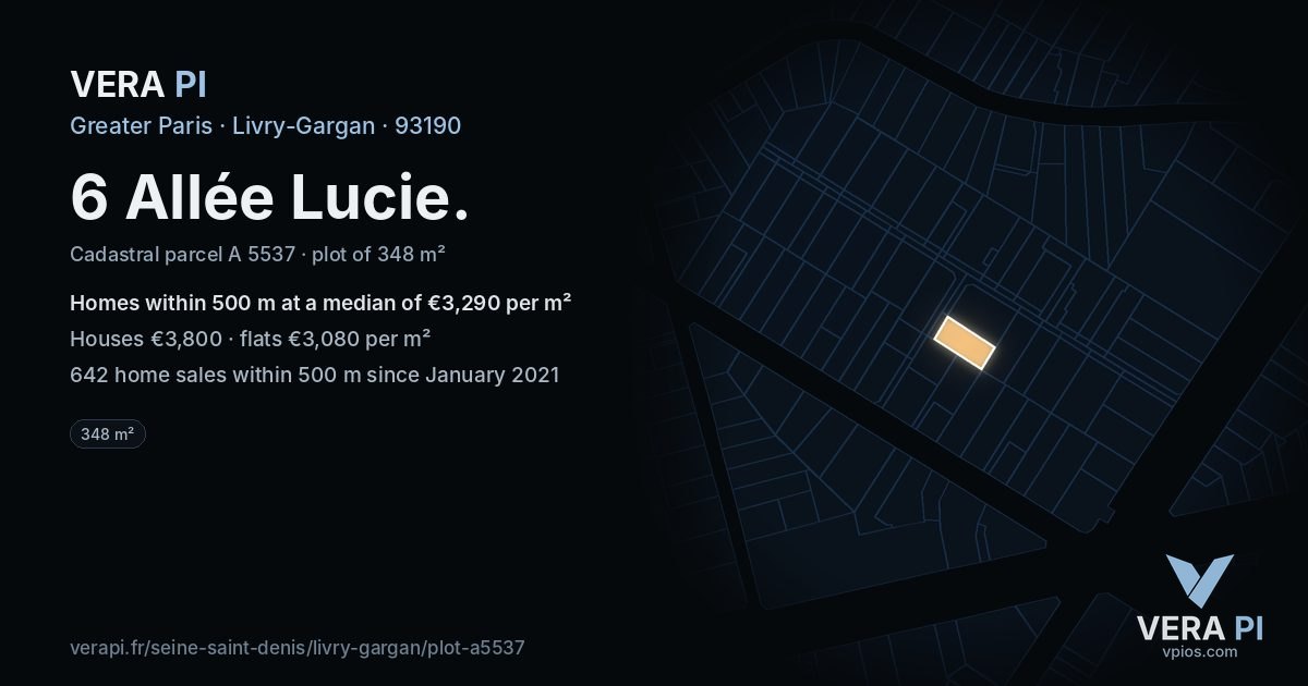 6 Allée Lucie, Livry-Gargan at night – the plot lit, the parcels around coloured by the prices near them