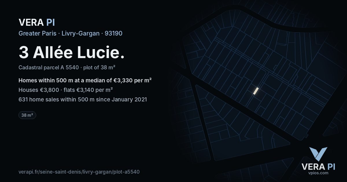 3 Allée Lucie, Livry-Gargan at night – the plot lit, the parcels around coloured by the prices near them