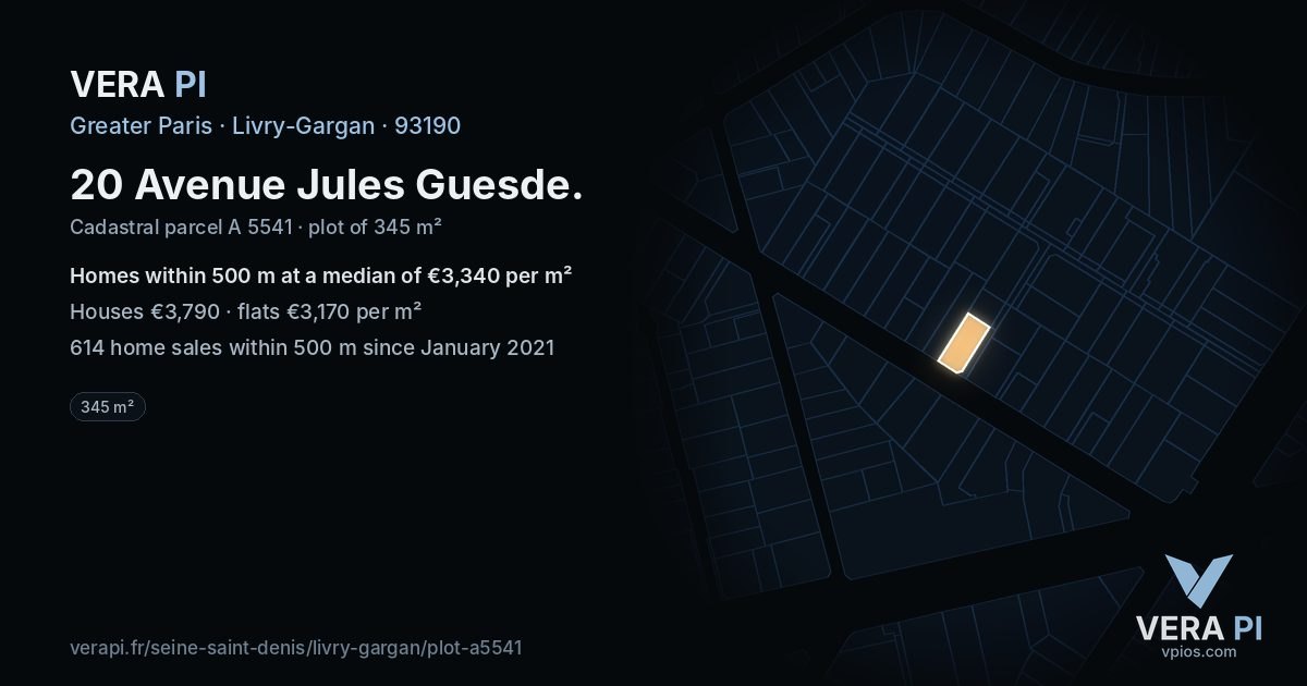 20 Avenue Jules Guesde, Livry-Gargan at night – the plot lit, the parcels around coloured by the prices near them