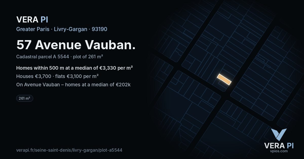 57 Avenue Vauban, Livry-Gargan at night – the plot lit, the parcels around coloured by the prices near them