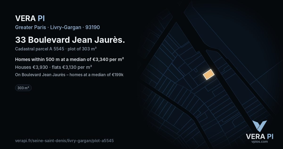 33 Boulevard Jean Jaurès, Livry-Gargan at night – the plot lit, the parcels around coloured by the prices near them