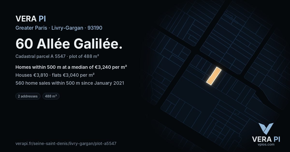 60 Allée Galilée, Livry-Gargan at night – the plot lit, the parcels around coloured by the prices near them