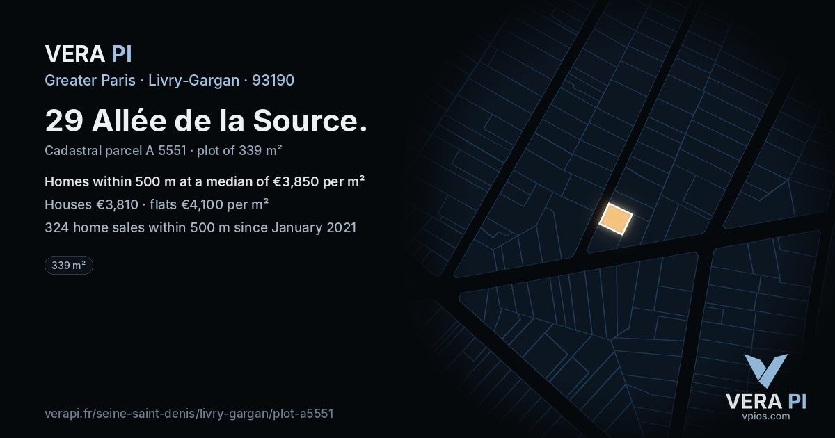 29 Allée de la Source, Livry-Gargan at night – the plot lit, the parcels around coloured by the prices near them