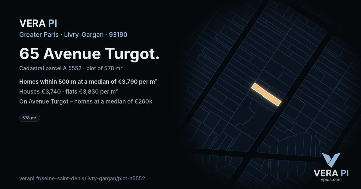 65 Avenue Turgot, Livry-Gargan at night – the plot lit, the parcels around coloured by the prices near them