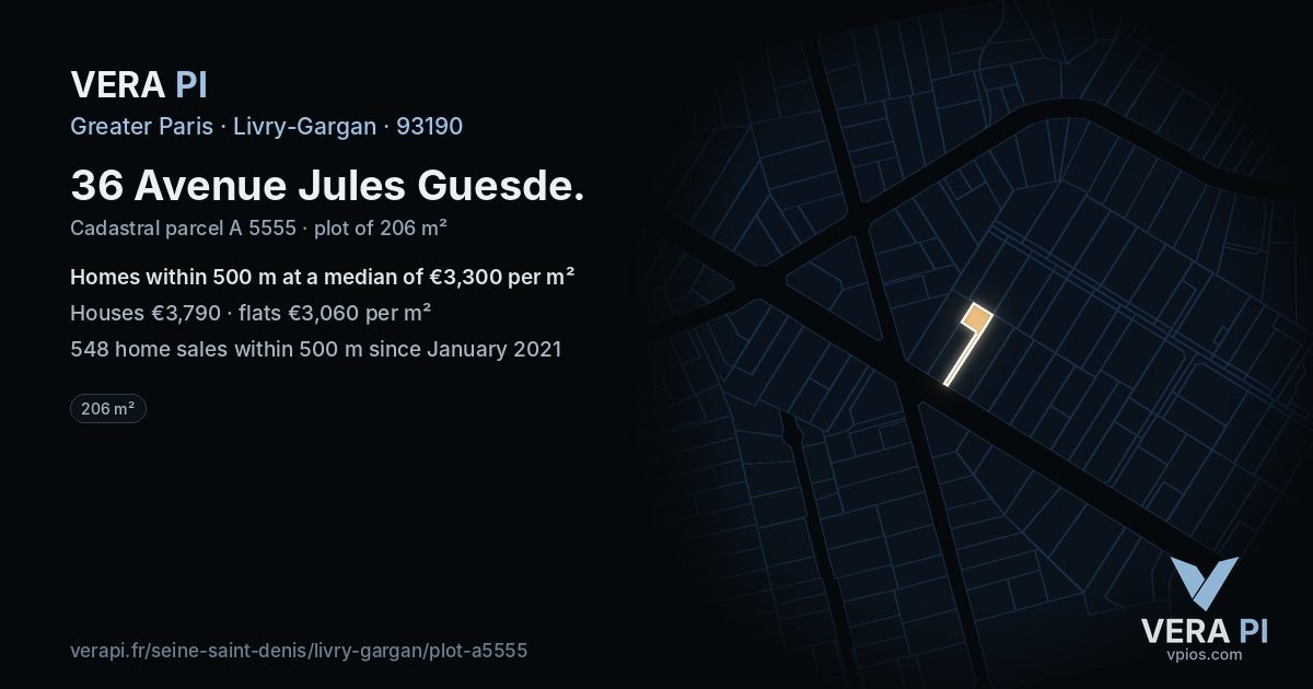 36 Avenue Jules Guesde, Livry-Gargan at night – the plot lit, the parcels around coloured by the prices near them