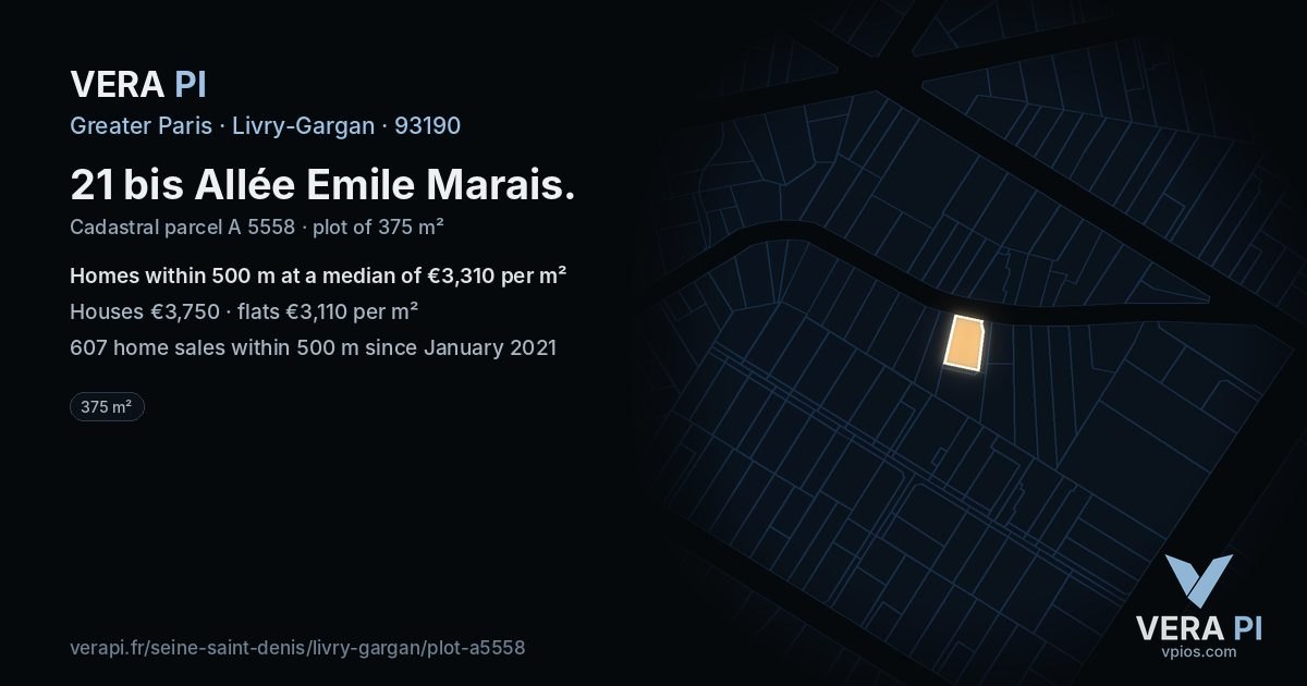 21 bis Allée Emile Marais, Livry-Gargan at night – the plot lit, the parcels around coloured by the prices near them