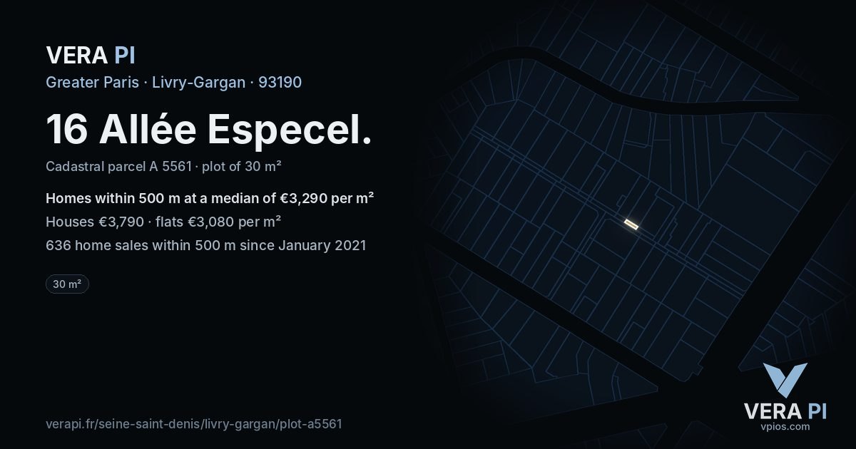 16 Allée Especel, Livry-Gargan at night – the plot lit, the parcels around coloured by the prices near them