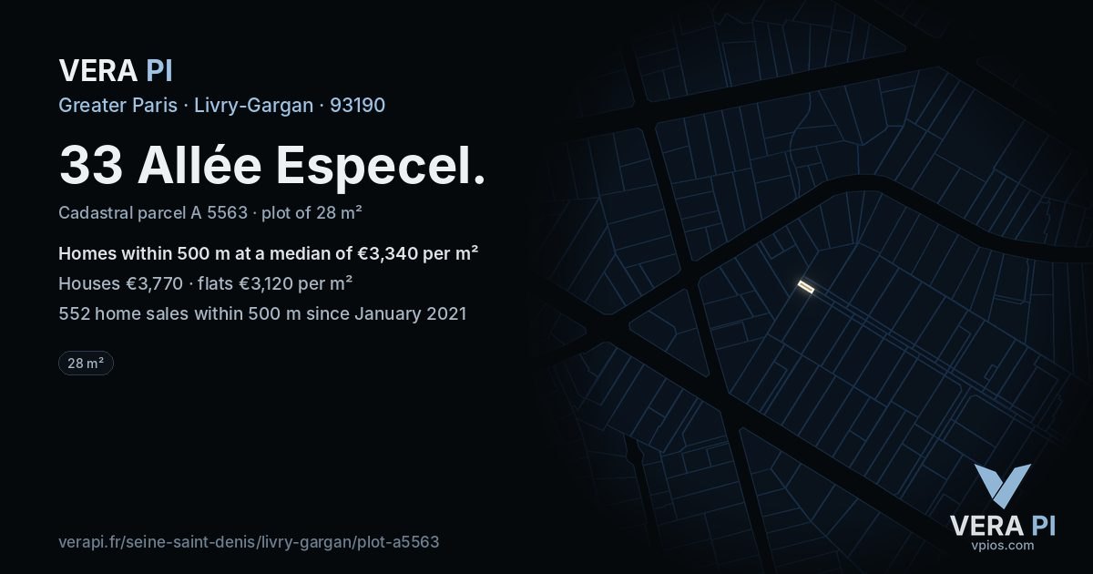 33 Allée Especel, Livry-Gargan at night – the plot lit, the parcels around coloured by the prices near them
