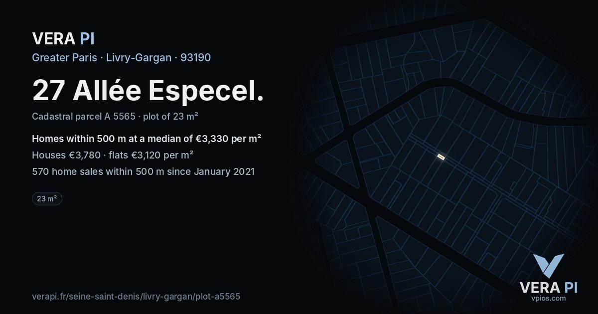 27 Allée Especel, Livry-Gargan at night – the plot lit, the parcels around coloured by the prices near them