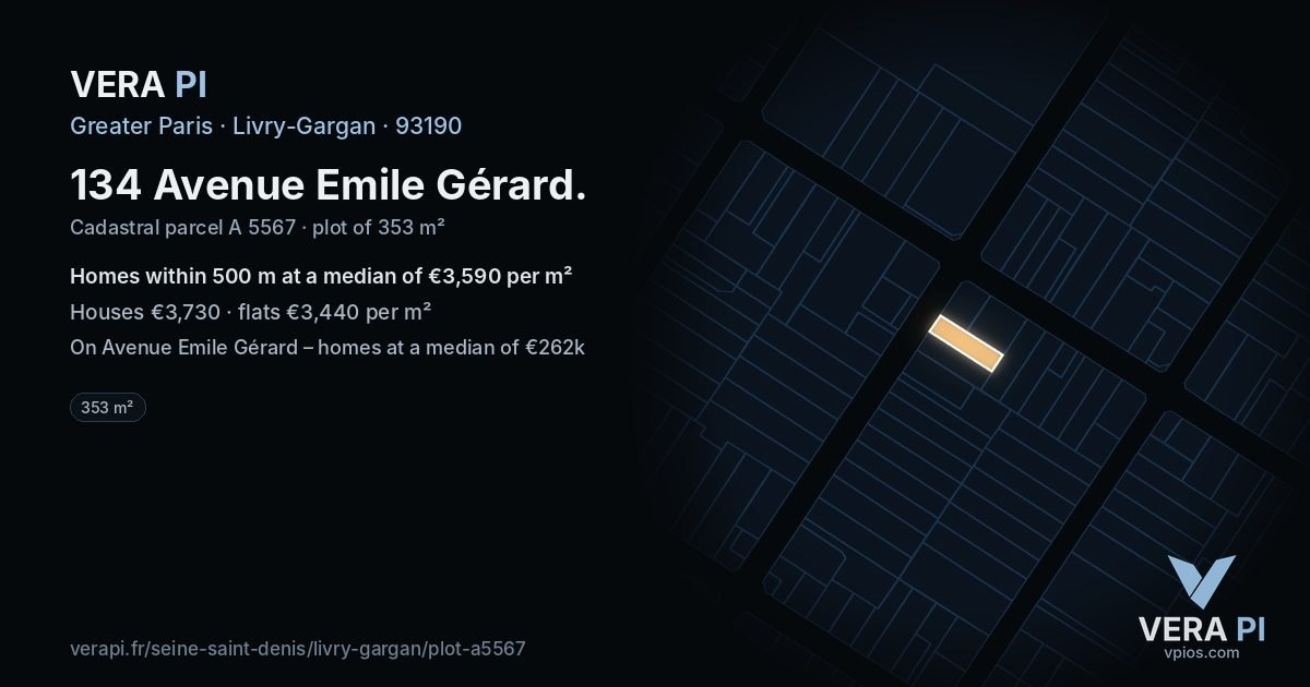 134 Avenue Emile Gérard, Livry-Gargan at night – the plot lit, the parcels around coloured by the prices near them