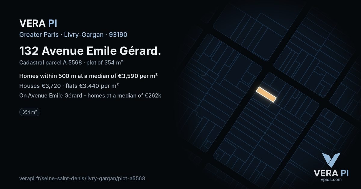 132 Avenue Emile Gérard, Livry-Gargan at night – the plot lit, the parcels around coloured by the prices near them