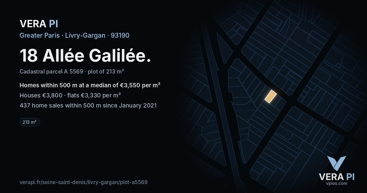 18 Allée Galilée, Livry-Gargan at night – the plot lit, the parcels around coloured by the prices near them