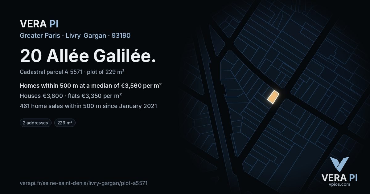 20 Allée Galilée, Livry-Gargan at night – the plot lit, the parcels around coloured by the prices near them