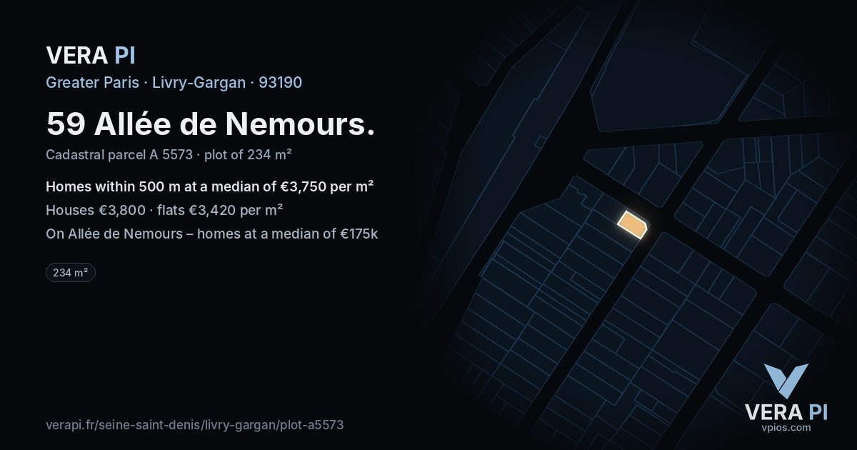 59 Allée de Nemours, Livry-Gargan at night – the plot lit, the parcels around coloured by the prices near them