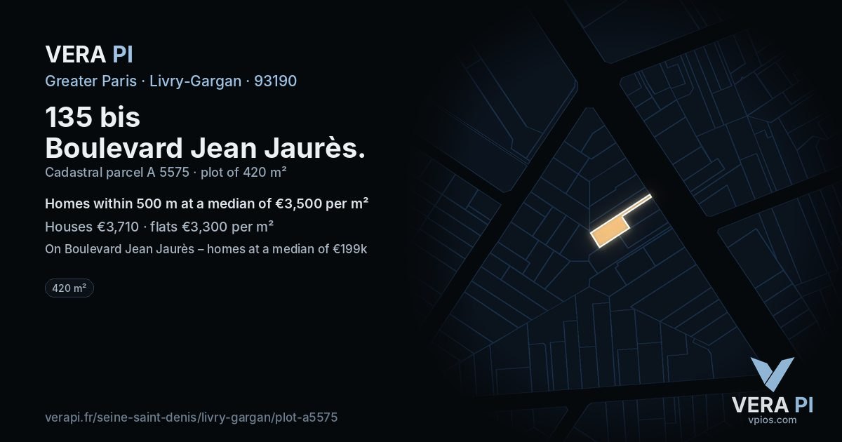 135 bis Boulevard Jean Jaurès, Livry-Gargan at night – the plot lit, the parcels around coloured by the prices near them
