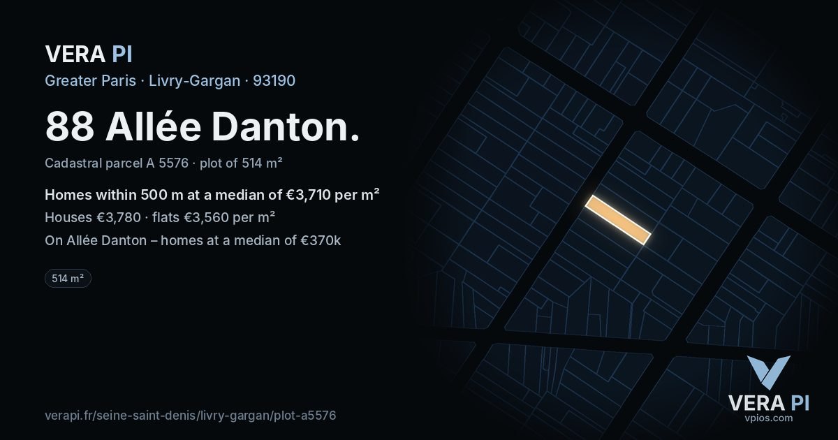 88 Allée Danton, Livry-Gargan at night – the plot lit, the parcels around coloured by the prices near them