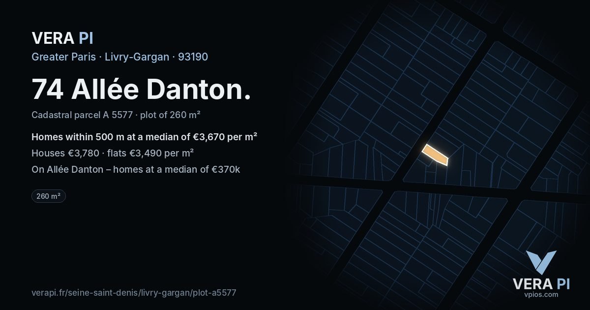 74 Allée Danton, Livry-Gargan at night – the plot lit, the parcels around coloured by the prices near them