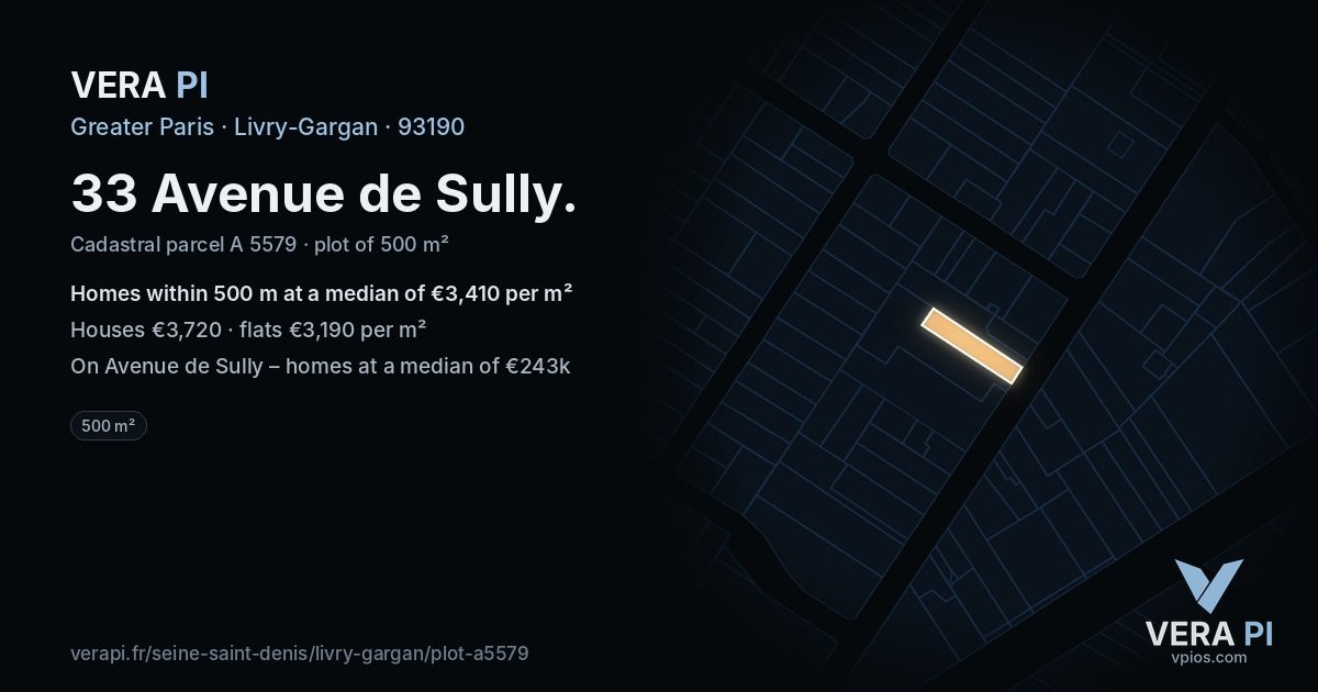 33 Avenue de Sully, Livry-Gargan at night – the plot lit, the parcels around coloured by the prices near them