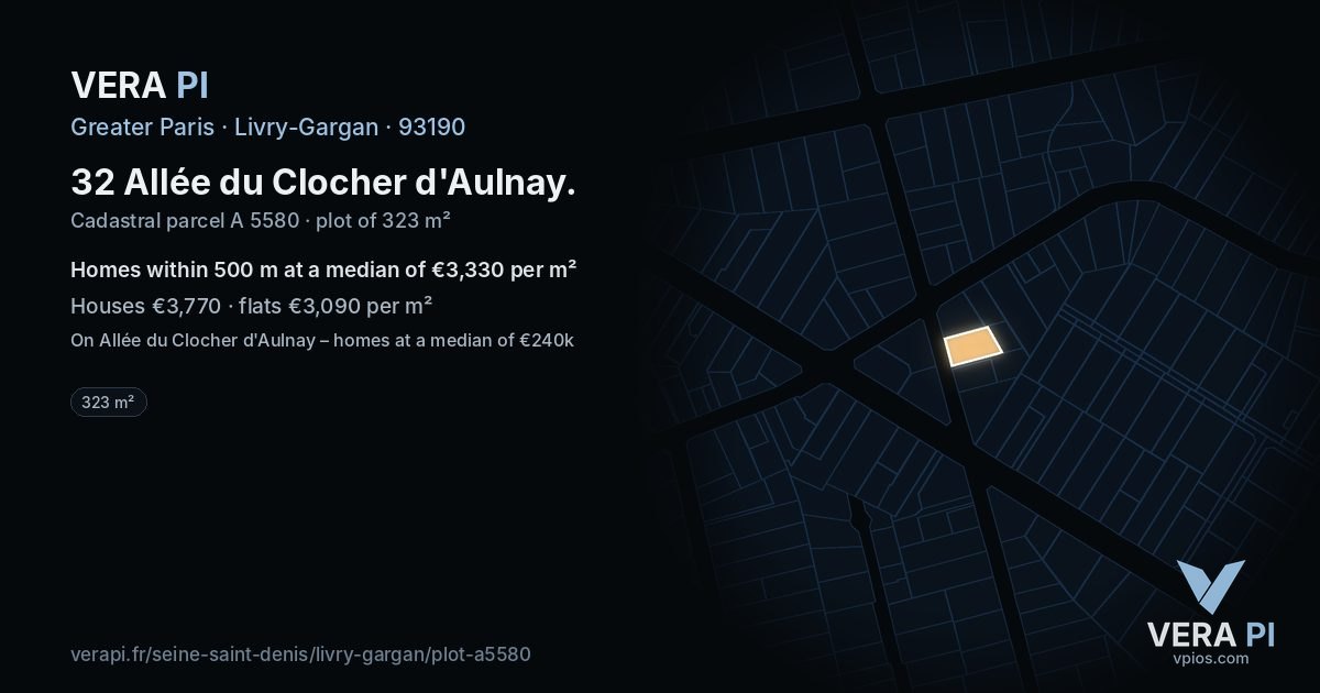 32 Allée du Clocher d'Aulnay, Livry-Gargan at night – the plot lit, the parcels around coloured by the prices near them