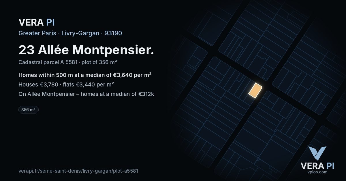 23 Allée Montpensier, Livry-Gargan at night – the plot lit, the parcels around coloured by the prices near them