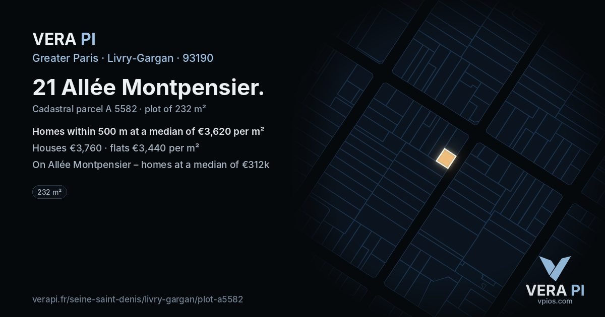 21 Allée Montpensier, Livry-Gargan at night – the plot lit, the parcels around coloured by the prices near them