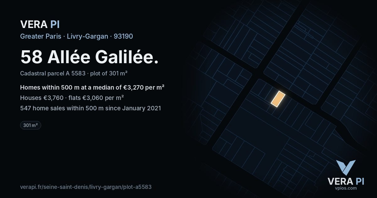 58 Allée Galilée, Livry-Gargan at night – the plot lit, the parcels around coloured by the prices near them