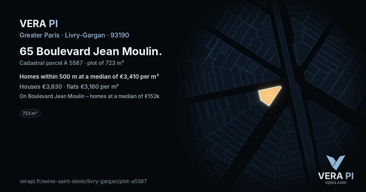 65 Boulevard Jean Moulin, Livry-Gargan at night – the plot lit, the parcels around coloured by the prices near them