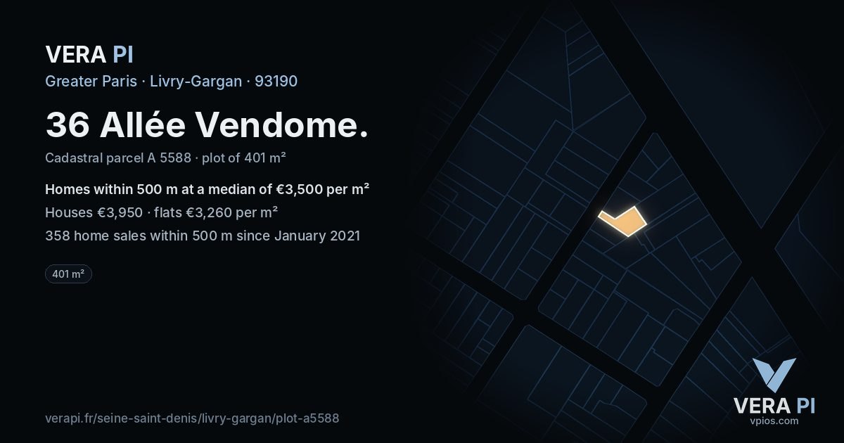 36 Allée Vendome, Livry-Gargan at night – the plot lit, the parcels around coloured by the prices near them