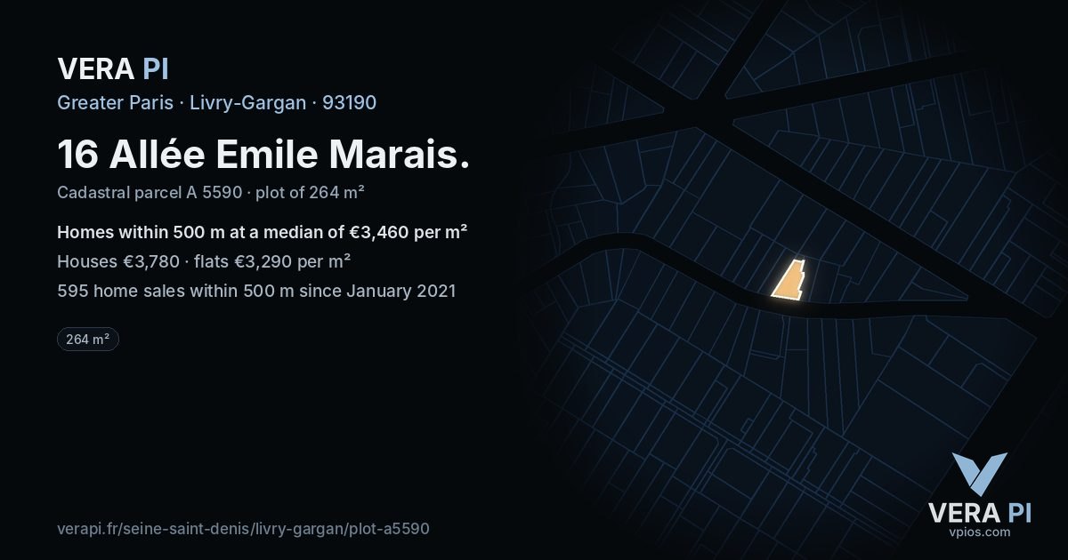 16 Allée Emile Marais, Livry-Gargan at night – the plot lit, the parcels around coloured by the prices near them