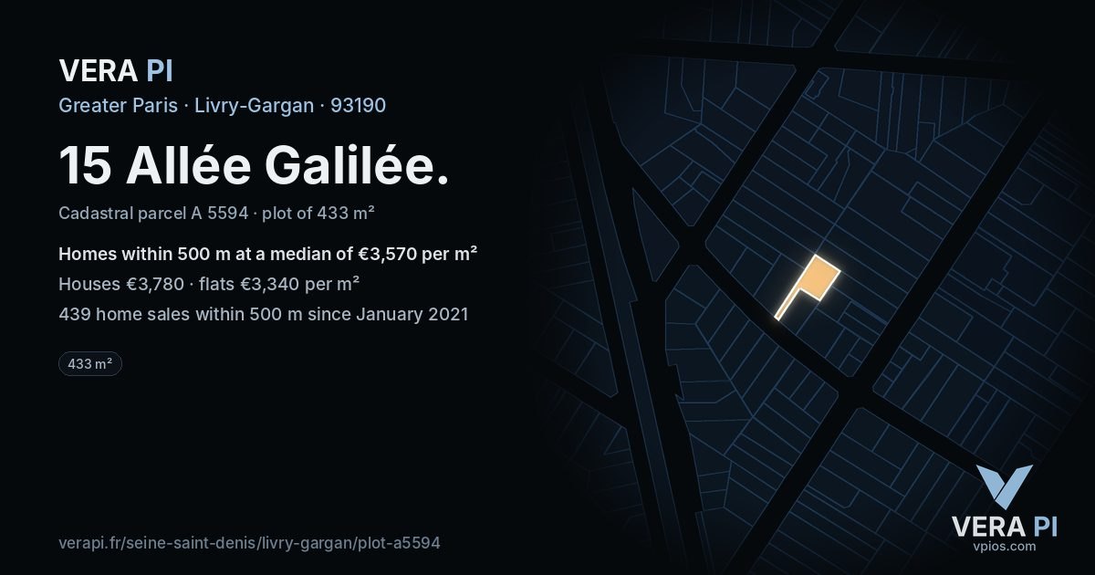 15 Allée Galilée, Livry-Gargan at night – the plot lit, the parcels around coloured by the prices near them