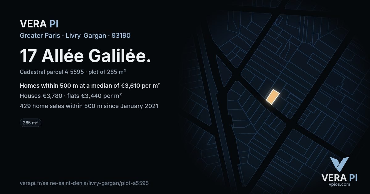17 Allée Galilée, Livry-Gargan at night – the plot lit, the parcels around coloured by the prices near them