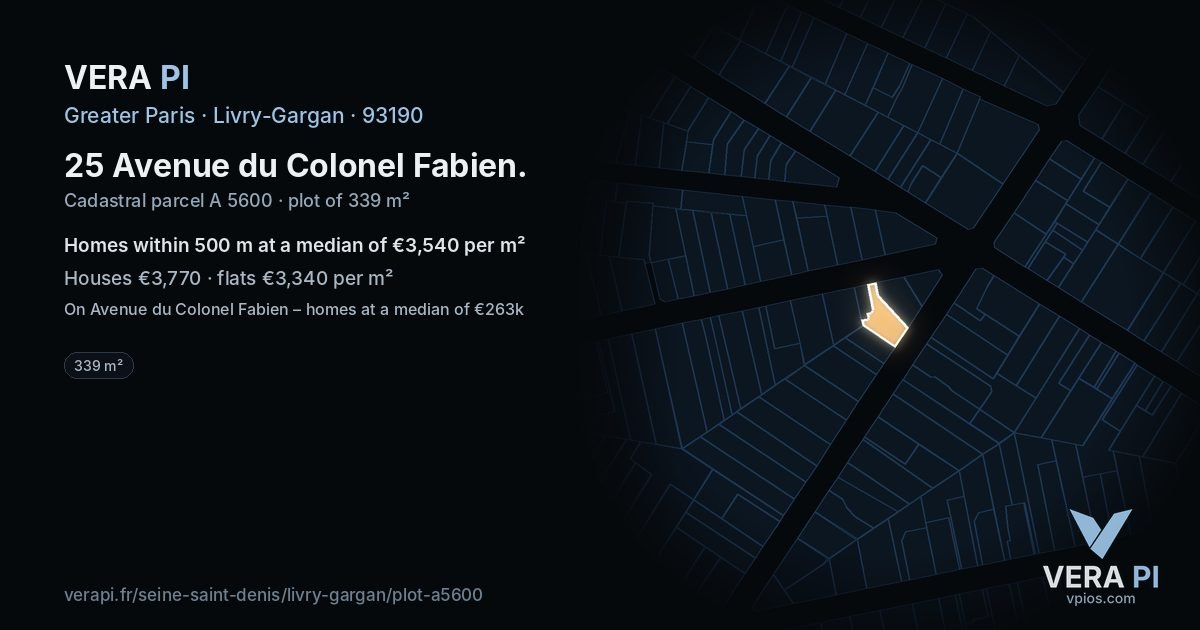 25 Avenue du Colonel Fabien, Livry-Gargan at night – the plot lit, the parcels around coloured by the prices near them