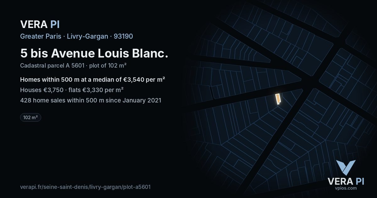 5 bis Avenue Louis Blanc, Livry-Gargan at night – the plot lit, the parcels around coloured by the prices near them