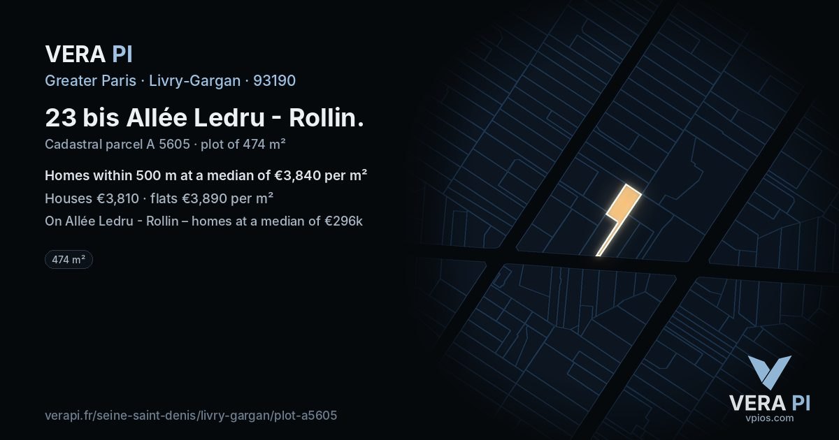 23 bis Allée Ledru - Rollin, Livry-Gargan at night – the plot lit, the parcels around coloured by the prices near them