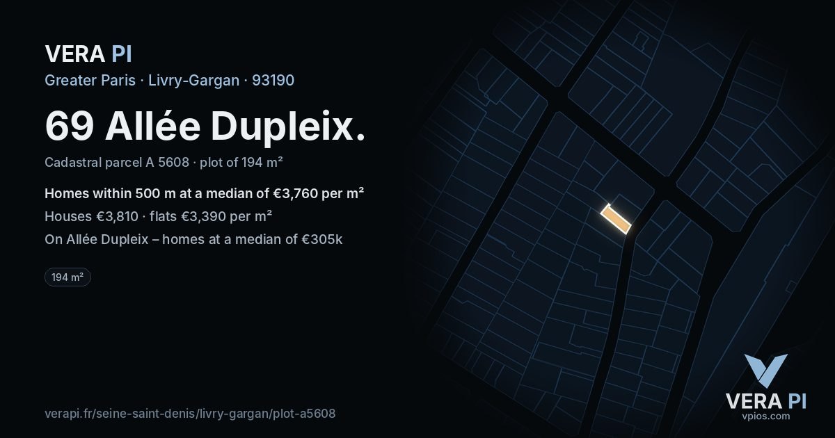 69 Allée Dupleix, Livry-Gargan at night – the plot lit, the parcels around coloured by the prices near them