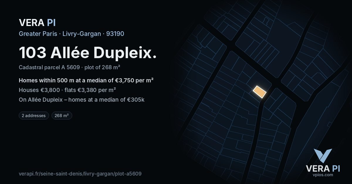 103 Allée Dupleix, Livry-Gargan at night – the plot lit, the parcels around coloured by the prices near them