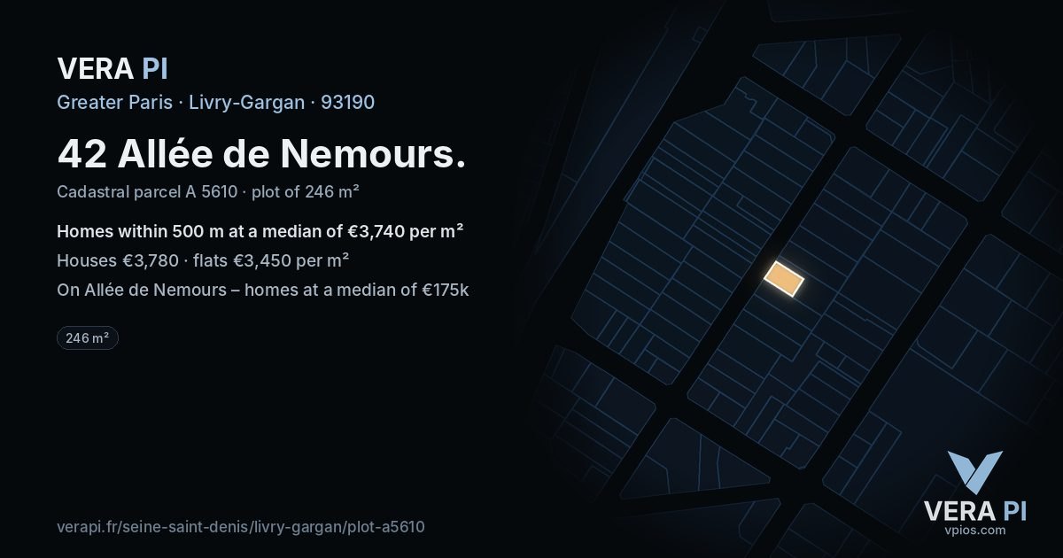 42 Allée de Nemours, Livry-Gargan at night – the plot lit, the parcels around coloured by the prices near them